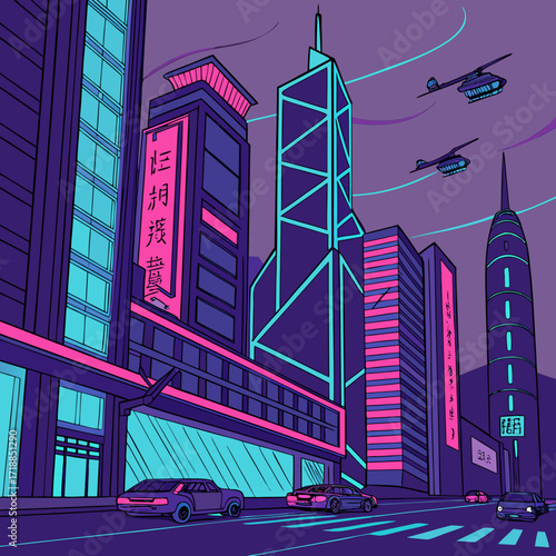 Vibrant neon lights illuminate a futuristic cityscape at dusk with flying helicopters and sleek cars driving on a wet street