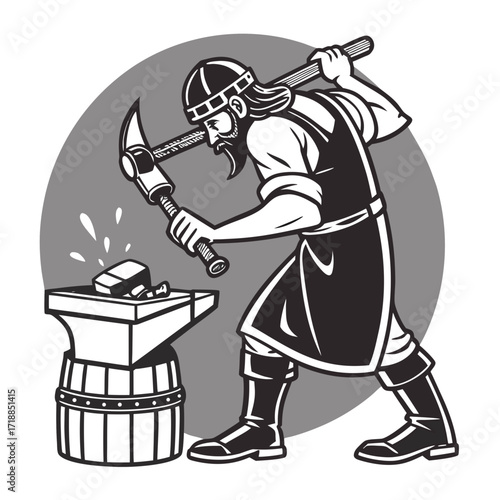 Viking blacksmith with beard and helmet hammering metal on an anvil with sparks flying in a circular background illustration
