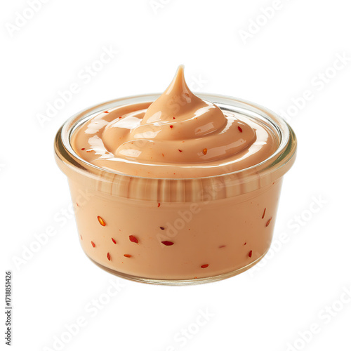 Spicy sriracha mayo dipping sauce in a small glass jar with chili flakes, condiment style, transparent PNG