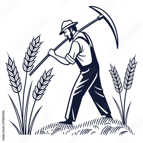 Vintage style farmer wearing overalls and hat diligently working in a wheat field with a scythe harvesting crops during daytime