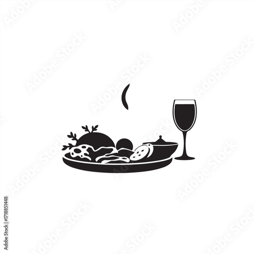 Modern flat design vector silhouette of Turkish food on a white background, timeless, elegant, simple, two-dimensional shapes, classic black and white 