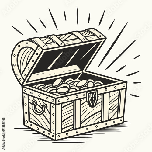 Vintage wooden treasure chest overflowing with gold coins open and radiating light symbolizing wealth riches and discovery in a classic illustration style