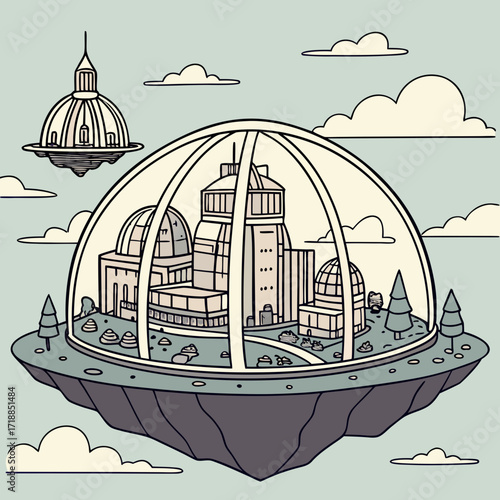 Whimsical cartoon illustration of a futuristic utopian city contained within a glass dome on a floating island in the sky with a ufo