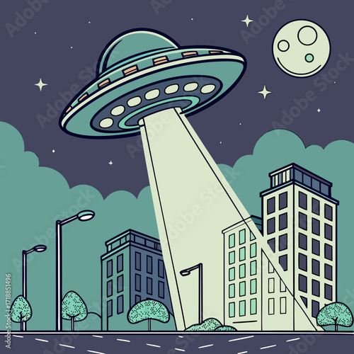 Whimsical cartoon flying saucer ufo descends from starry night sky beaming light onto city buildings and street with stylized trees and moon