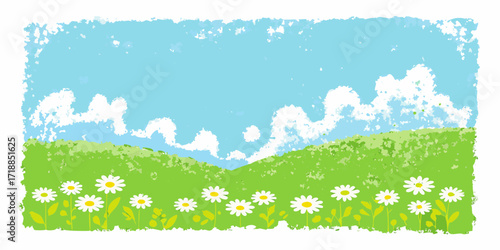 Charming illustration of a bright blue sky with fluffy white clouds over rolling green hills and a field of white daisies