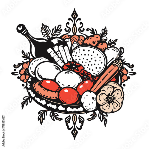 Symbolic traditional tattoo art print, black and white vector silhouette of Turkish food on a white background, timeless and elegant, vibrant colors, retro flair, complex ornamental detailing 