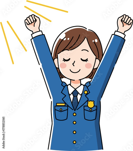 triumphant policewoman celebrating success and community, isolated on transparent background