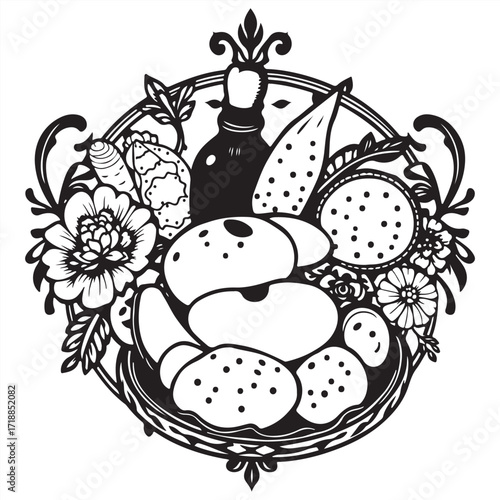 Symbolic traditional tattoo art print, black and white vector silhouette of Turkish food on a white background, timeless and elegant, vibrant colors, retro flair, complex ornamental detailing