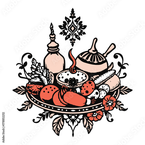 Symbolic traditional tattoo art print, black and white vector silhouette of Turkish food on a white background, timeless and elegant, vibrant colors, retro flair, complex ornamental detailing