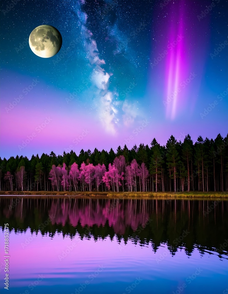 Naklejka premium Mystical lake scene at night with vibrant colors