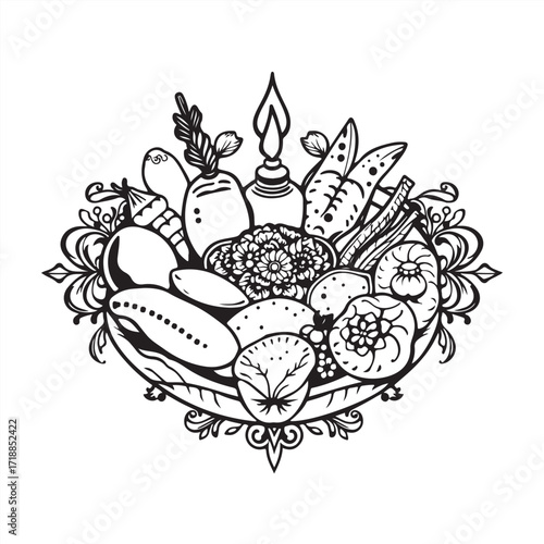Symbolic traditional tattoo art print, black and white vector silhouette of Turkish food on a white background, timeless and elegant, vibrant colors, retro flair, complex ornamental detailing