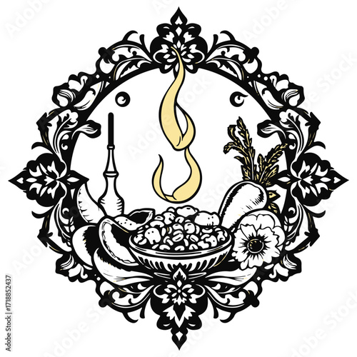 Symbolic traditional tattoo art print, black and white vector silhouette of Turkish food on a white background.