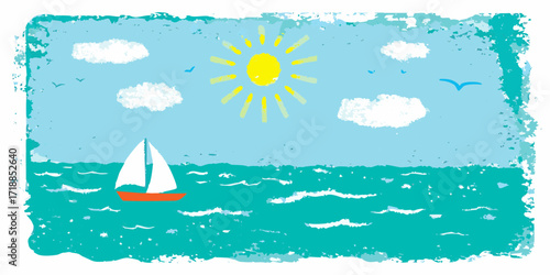 A cheerful cartoon sailboat glides across a turquoise ocean under a bright yellow sun and fluffy white clouds