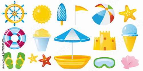 Collection of colorful cartoon beach and summer vacation icons and symbols