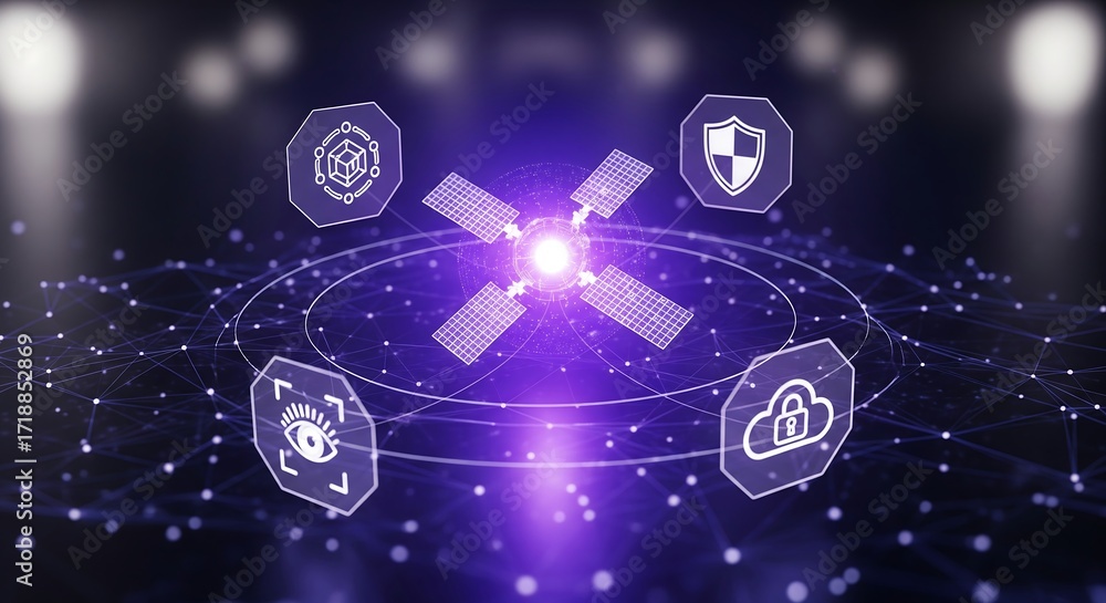Fototapeta premium Secure cloud network design featuring satellite connection and data protection for global technology companies needing advanced cyber solutions