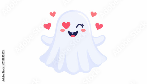 Cute ghost with heart eyes and open arms, spreading love and affection on a white background