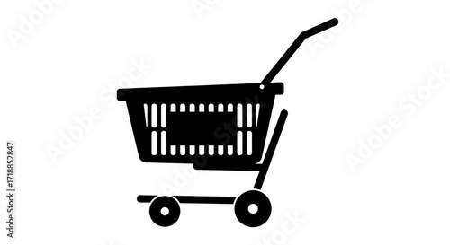 Black and white graphic illustration of a shopping cart with a rectangular pattern on its side.