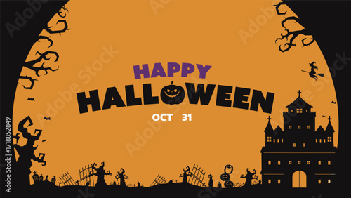 不気味な森のシルエットで飾られたハロウィン背景テンプレート（オレンジ）　Halloween background template decorated with silhouettes of an eerie forest (orange)