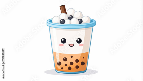 Playful and inviting illustration of a kawaii bubble tea beverage, complete with a friendly smile and iconic tapioca balls, ready to add charm to any design project
