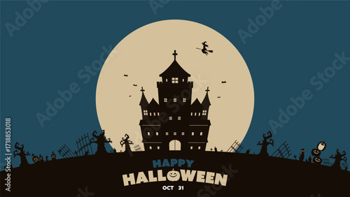 お化け屋敷と月で飾られたハロウィン背景テンプレート（青）　Halloween background template decorated with haunted house and moon (blue)