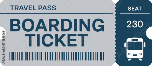 Flat design transport ticket for bus travel with barcode and seat number