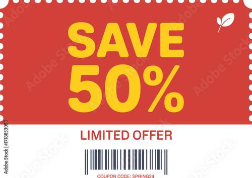 Flat design retail coupon save 50 percent limited offer perforated edges barcode