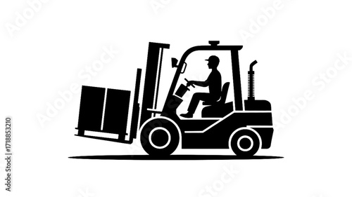 A black and white vector silhouette of a worker operating a forklift