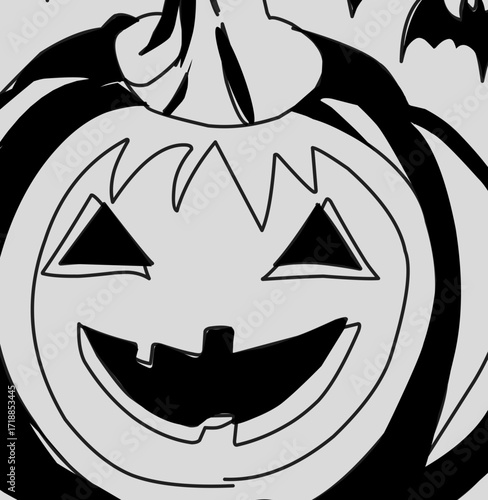 Halloweenthemed black and white pumpkin drawing ideal for spooky seasonal designs, invites festive and eerie vibes for various uses.