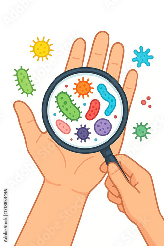 A magnifying glass is zooming in on an animation of viruses and bacteria. bacteria on hands, health concept