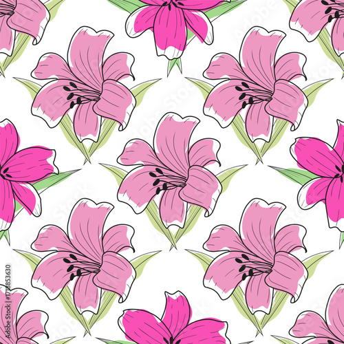 Flat seamless pattern with lily flower Purple Hand Draw Vector Ilustration - minimalist style
