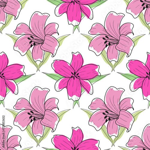 Flat seamless pattern with lily flower Purple Hand Draw Vector Ilustration - minimalist style
