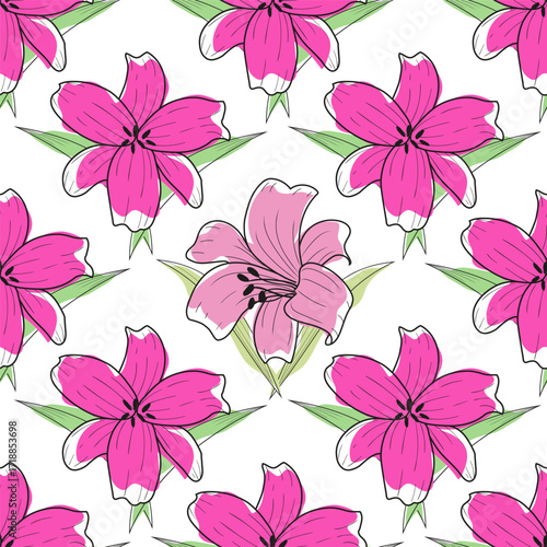 Flat seamless pattern with lily flower Purple Hand Draw Vector Ilustration - minimalist style