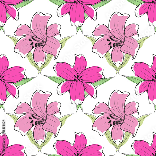 Flat seamless pattern with lily flower Purple Hand Draw Vector Ilustration - minimalist style