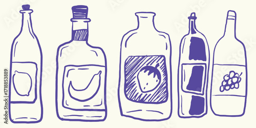 Italian style Drink Bottles hand drawn vector illustrations in grunge chalk or charcoal rough doodle sketch style.
