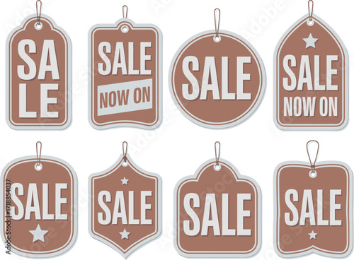 Collection of eight rustic vintage sale tags for retail promotions and discounts