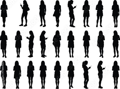 Silhouette collection of twenty women using smartphones in various poses, female figure vector set, black and white technology graphic illustration, isolated design
