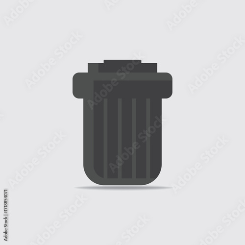"Minimalist trash can icon, simple geometric garbage bin design with flat dark monochrome color palette"