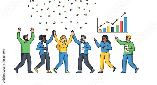 Diverse Team Celebrating Business Success with Confetti and Rising Graph, Ideal for Illustrating Achievement, Teamwork, and Positive Business Outcomes