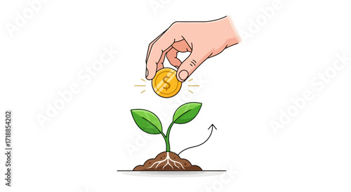 Hand planting a coin into soil for growing plant. Concept for investment, financial growth, and savings, suitable for finance, business, and investment themed projects.
