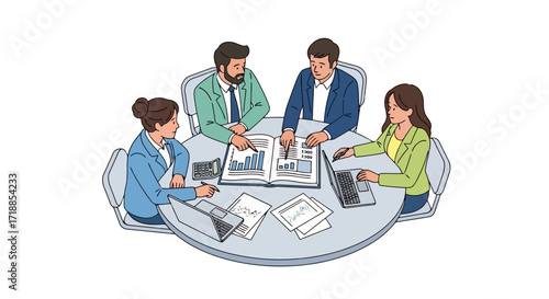 Diverse Business Team Collaborating on Data Analysis and Strategy in a Modern Office Setting, Suitable for Corporate Communications and Training Materials