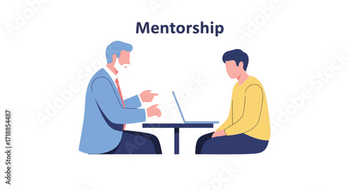 Illustration Depicting Mentorship Session with Laptop on Table, Emphasizing Guidance, Support, and Knowledge Transfer Between Senior and Junior Professionals for Corporate Training Programs