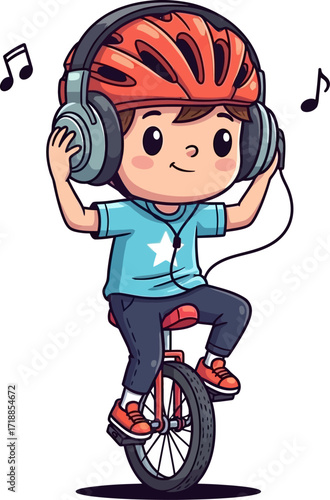 unicycling kid cartoon music joyride, isolated on transparent background