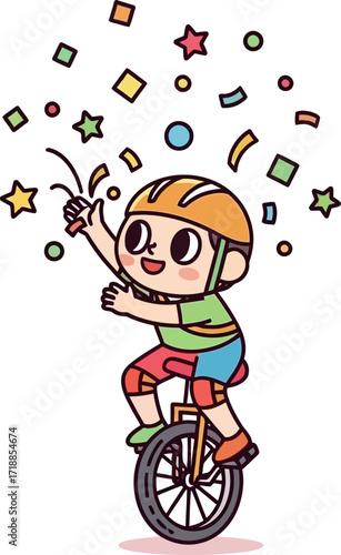 unicycling kids joyful confetti celebration a whimsical cartoon, isolated on transparent background