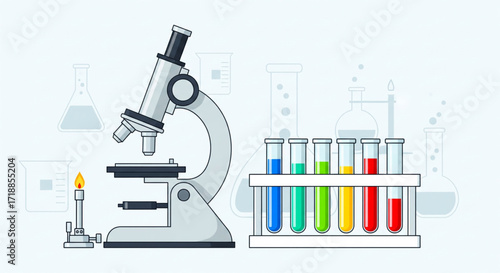 Illustration showcasing a microscope, test tubes with colorful liquids, and a Bunsen burner.