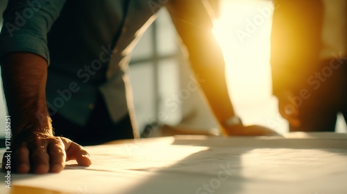 Team Collaboration on Project Plans with Warm Sunlight Background