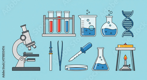 Collection of scientific lab equipment, including beakers, test tubes, microscopes, and DNA.
