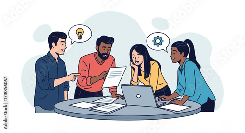 A diverse group of colleagues collaborate around a table, reviewing documents and brainstorming ideas with a laptop present.