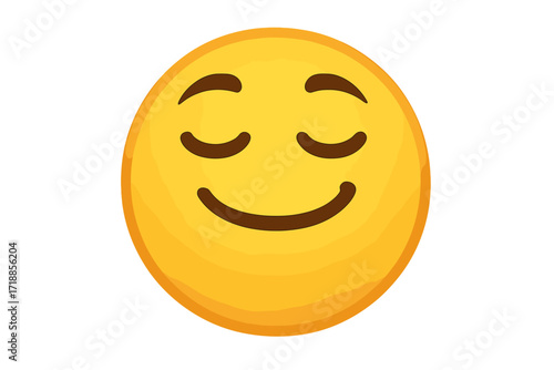 Proud satisfied emoticon vector. Pleased confident smiley face emoji icon. Relieved, calm, happy expression. Cute yellow character cartoon symbol for chat or web design.