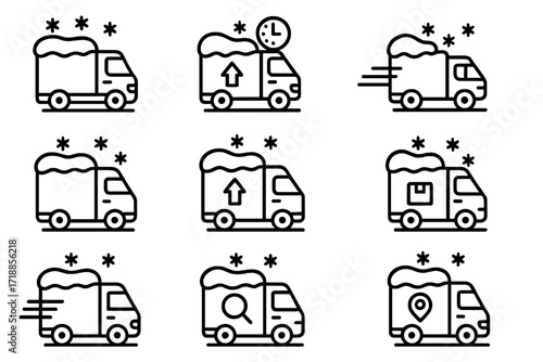 Winter delivery and shipping line icon set. Snow-covered truck for Christmas logistics. Fast transport, package tracking, location pin, search, and time symbols for web and apps.