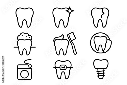 Dental line icon set. Dentistry and tooth care symbols. Icons for dentist clinic, web, app. Includes implant, braces, decay, hygiene, cleaning. Vector outline illustration.